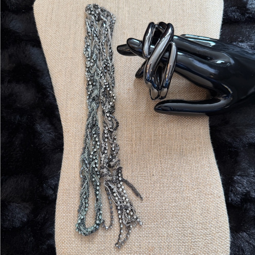 Silver Rhinestone Lariat Necklace and Gunmetal Black Bangle Bracelet